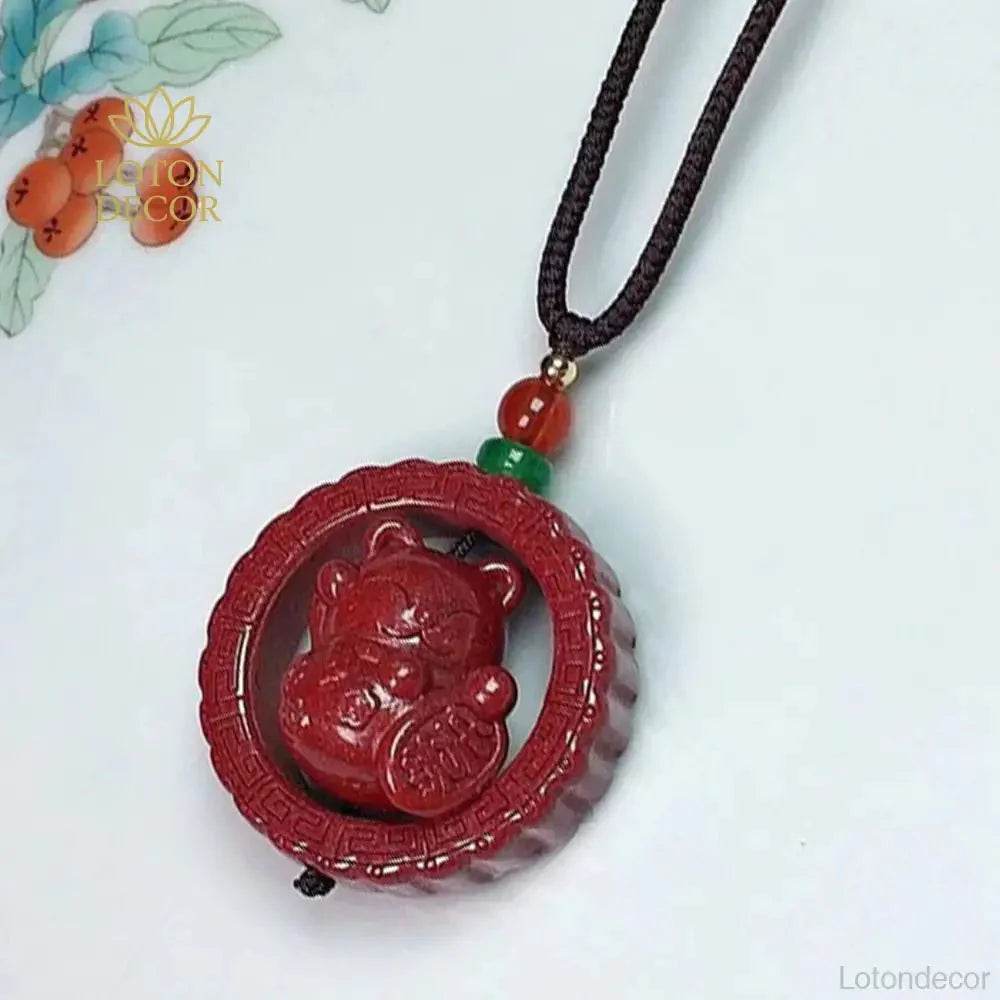 Cinnabar Lucky Cat Necklace – Feng Shui Quartz Crystal Amulet - Loton Decor