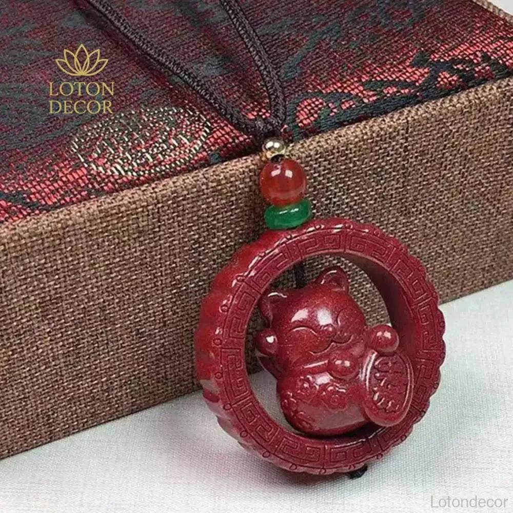 Cinnabar Lucky Cat Necklace – Feng Shui Quartz Crystal Amulet - Loton Decor
