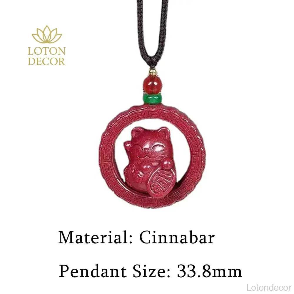 Cinnabar Lucky Cat Necklace – Feng Shui Quartz Crystal Amulet - Loton Decor