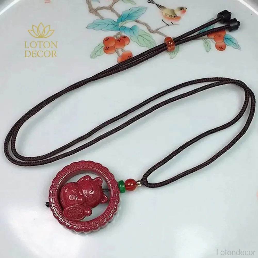 Cinnabar Lucky Cat Necklace – Feng Shui Quartz Crystal Amulet - Loton Decor