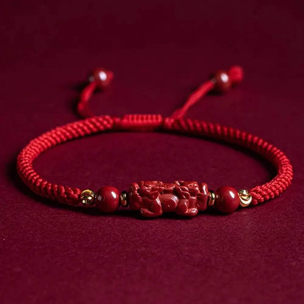 Cinnabar Pixiu Bracelet – Feng Shui Red String Lucky Gemstone Charm - Loton Decor