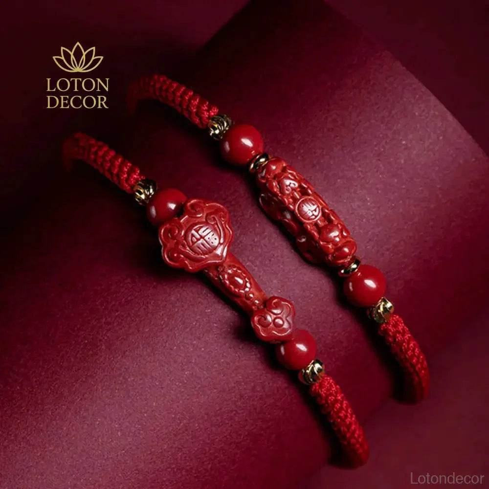 Cinnabar Pixiu Bracelet – Feng Shui Red String Lucky Gemstone Charm - Loton Decor