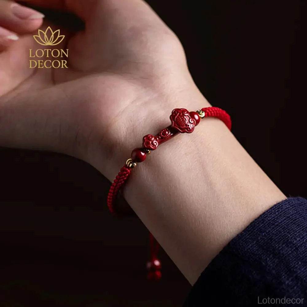 Cinnabar Pixiu Bracelet – Feng Shui Red String Lucky Gemstone Charm - Loton Decor
