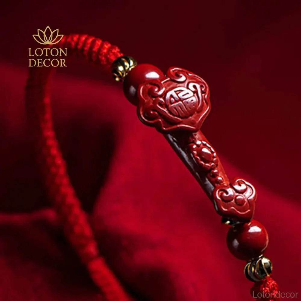 Cinnabar Pixiu Bracelet – Feng Shui Red String Lucky Gemstone Charm - Loton Decor