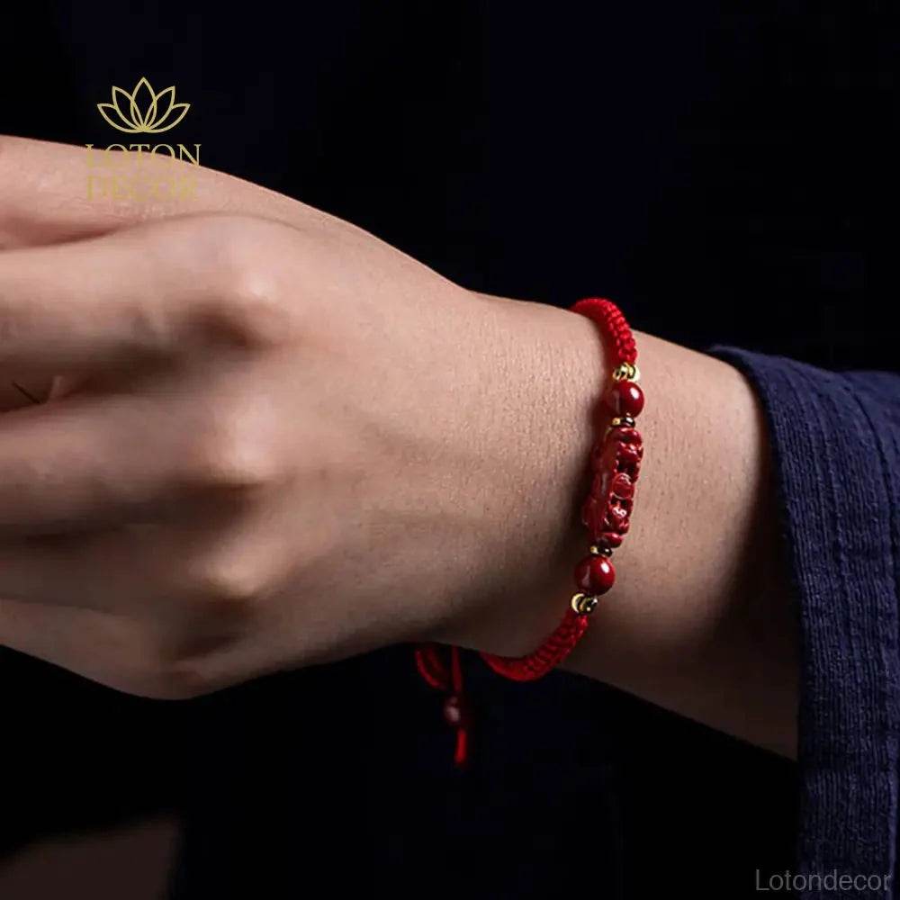 Cinnabar Pixiu Bracelet – Feng Shui Red String Lucky Gemstone Charm - Loton Decor