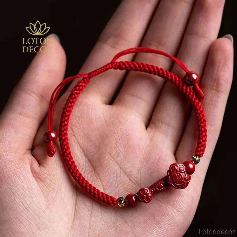 Cinnabar Pixiu Bracelet – Feng Shui Red String Lucky Gemstone Charm - Loton Decor