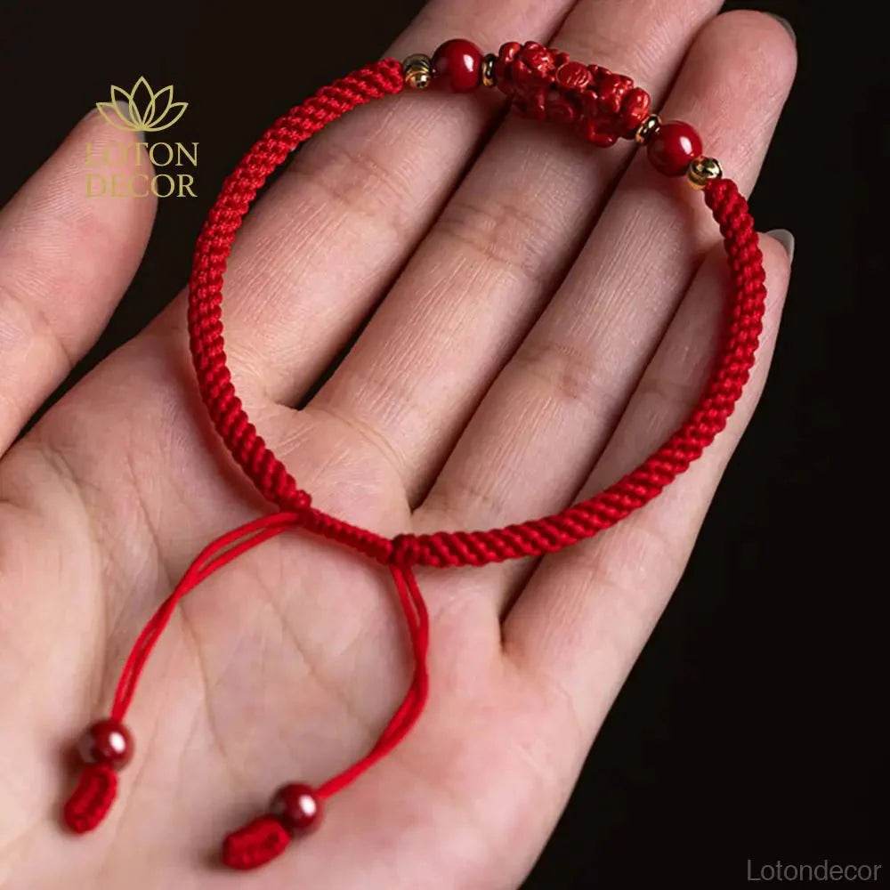 Cinnabar Pixiu Bracelet – Feng Shui Red String Lucky Gemstone Charm - Loton Decor