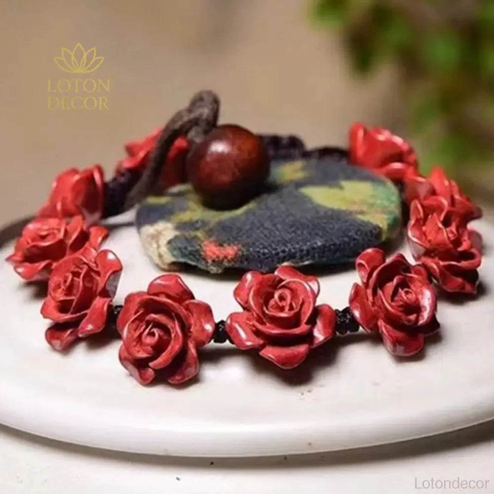 Cinnabar Rose Charm Bracelet – 12mm Lucky Crystal Beads - Loton Decor