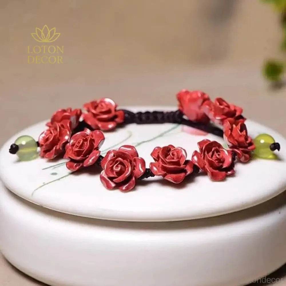 Cinnabar Rose Charm Bracelet – 12mm Lucky Crystal Beads - Loton Decor