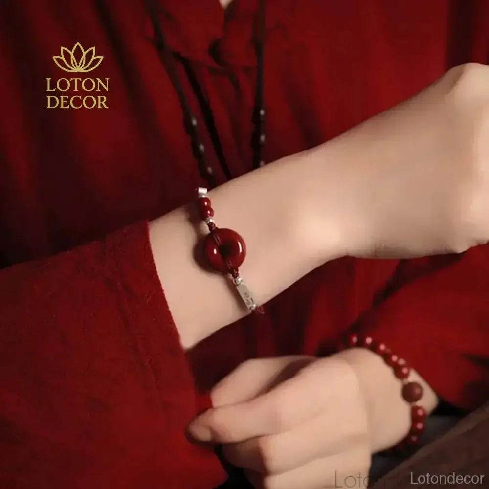 Cinnabar Silver Coin Bracelet – Red Peace Button Wealth Amulet - Loton Decor