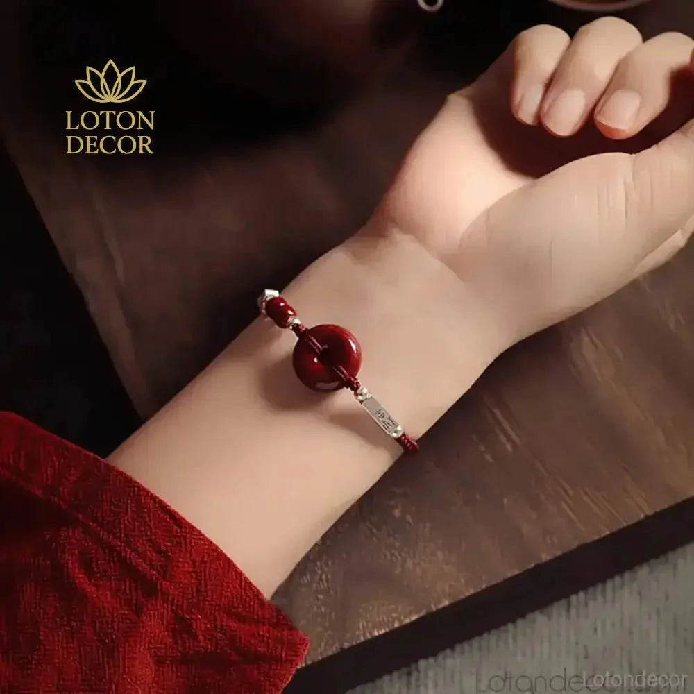 Cinnabar Silver Coin Bracelet – Red Peace Button Wealth Amulet - Loton Decor