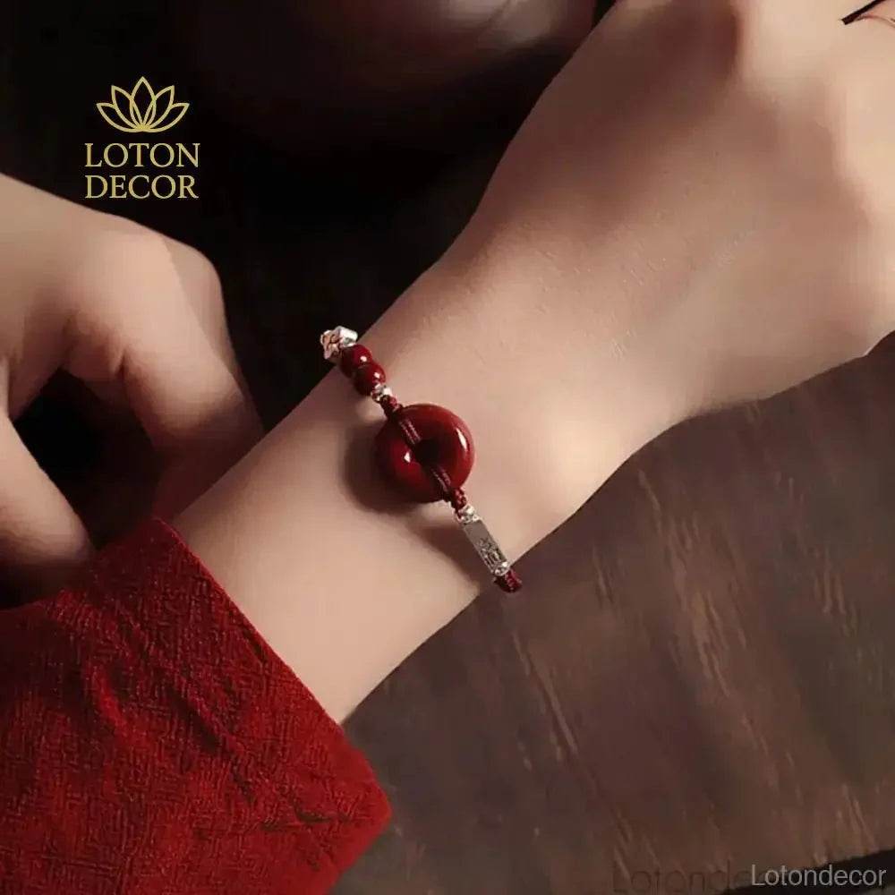 Cinnabar Silver Coin Bracelet – Red Peace Button Wealth Amulet - Loton Decor
