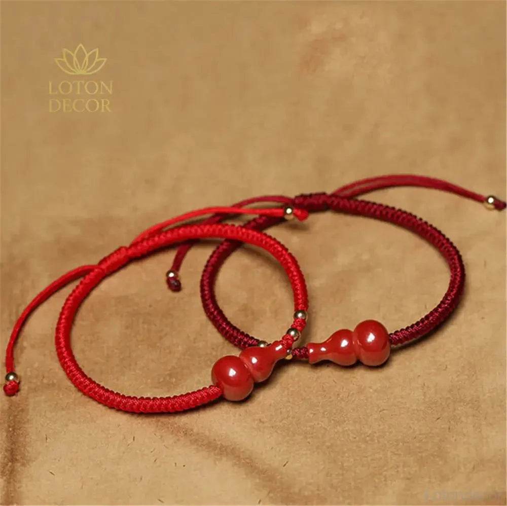 Cinnabar Wu Lou Bracelet – Red String Wealth Talisman - Loton Decor