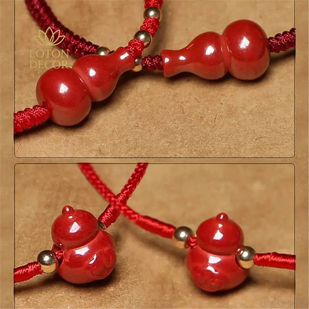 Cinnabar Wu Lou Bracelet – Red String Wealth Talisman - Loton Decor