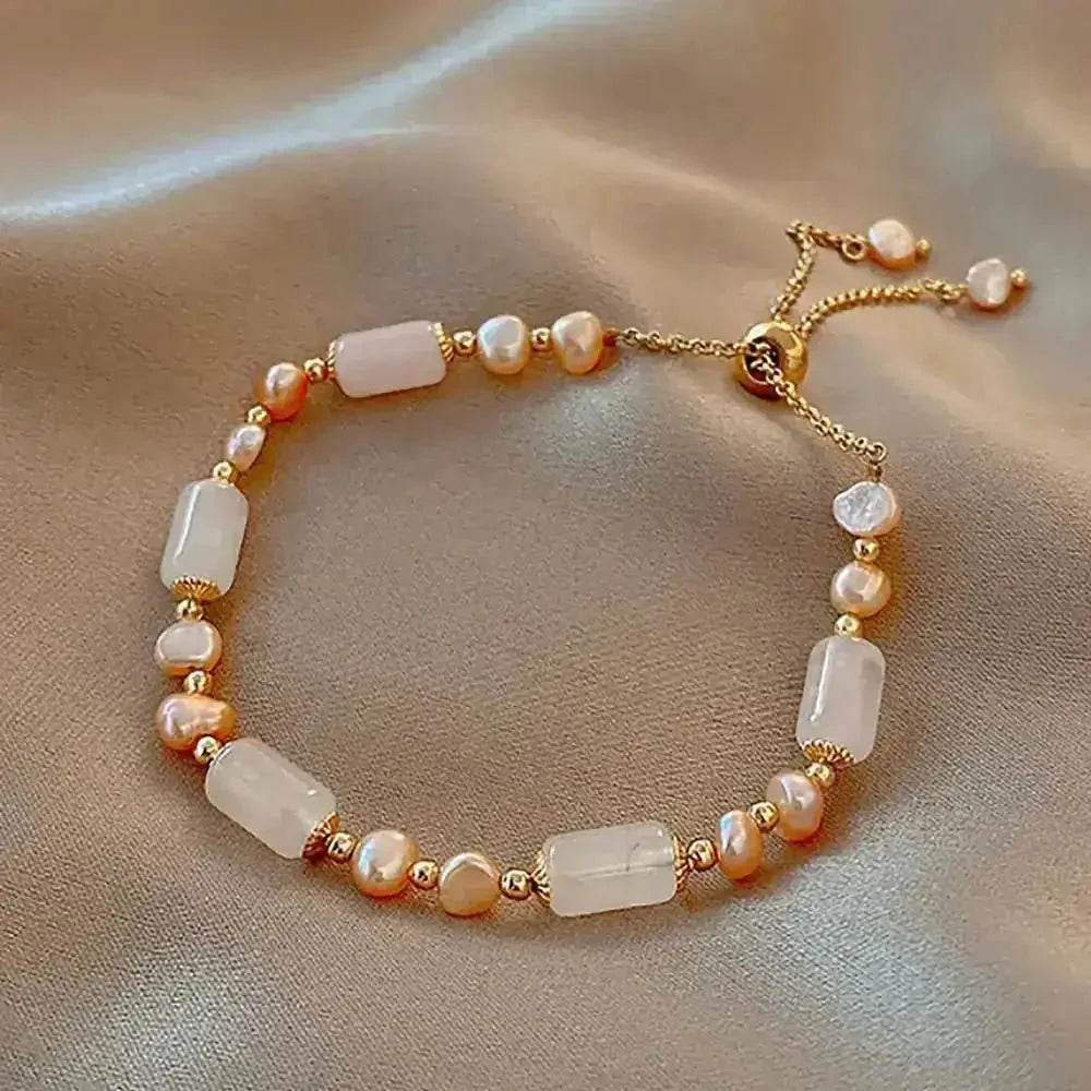 Crystal Bracelet Aventurine Green Strawberry Rose Quartz Freshwater Pearls Bracelet Silicon Buckle Vacation Style - Loton Decor