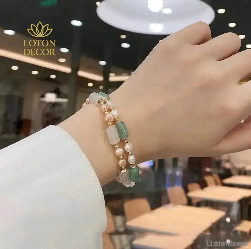 Crystal Bracelet Aventurine Green Strawberry Rose Quartz Freshwater Pearls Bracelet Silicon Buckle Vacation Style - Loton Decor