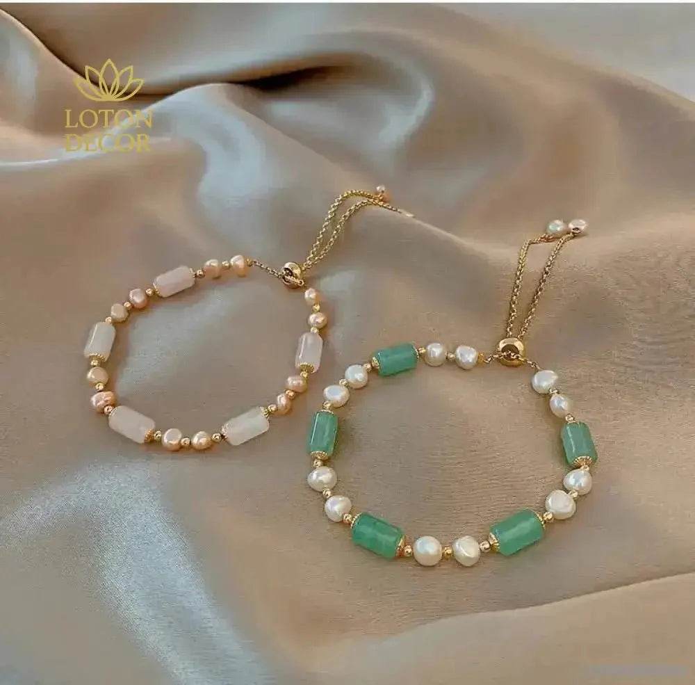 Crystal Bracelet Aventurine Green Strawberry Rose Quartz Freshwater Pearls Bracelet Silicon Buckle Vacation Style - Loton Decor