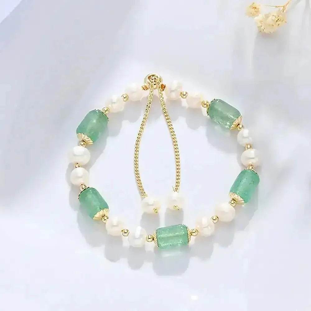 Crystal Bracelet Aventurine Green Strawberry Rose Quartz Freshwater Pearls Bracelet Silicon Buckle Vacation Style - Loton Decor