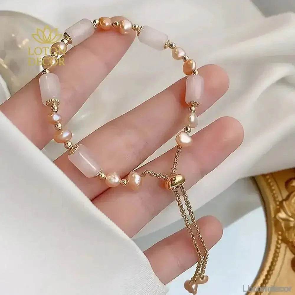 Crystal Bracelet Aventurine Green Strawberry Rose Quartz Freshwater Pearls Bracelet Silicon Buckle Vacation Style - Loton Decor