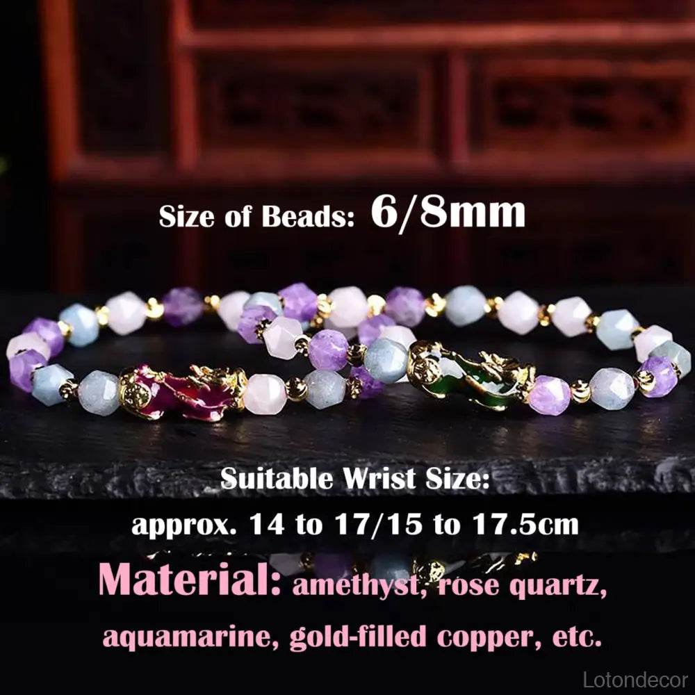 Crystal Color Change Pi Xiu Bracelet Amethyst Aquamarine Rose Quartz Diamond Cut Multi-Gem Feng Shui Wealth Bracelet Prosperity Money - Loton Decor