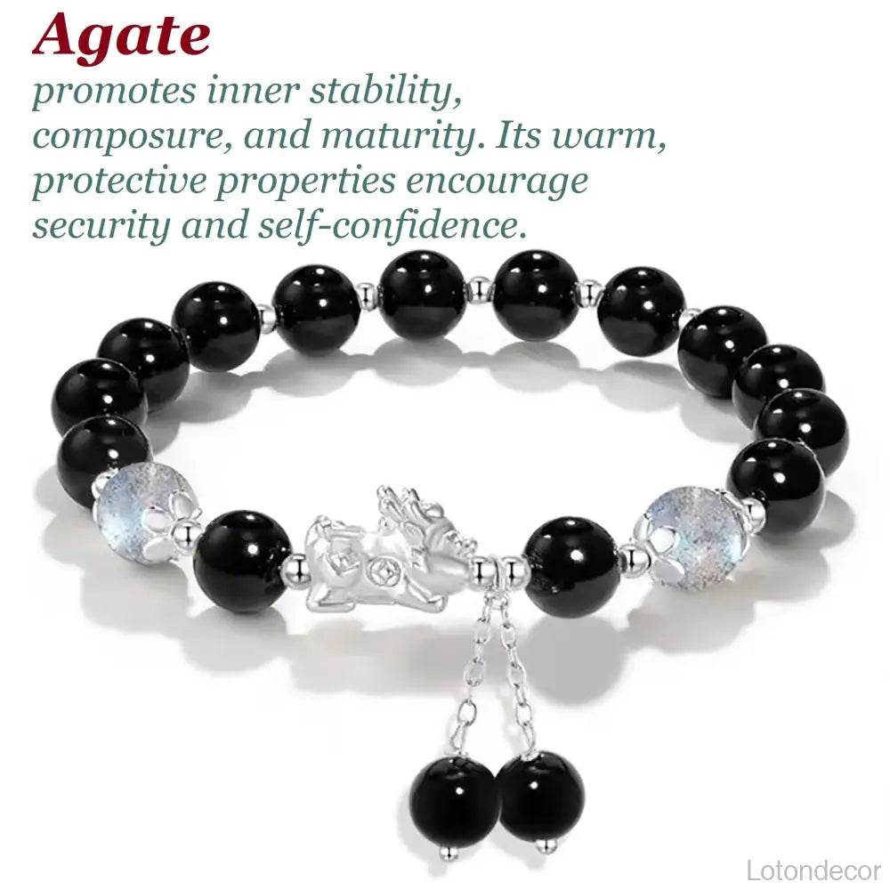 Crystal Pi Xiu Bracelet Chubby Silver Pi Yao Moonstone Obsidian/Cat Eye Feng Shui Wealth Amulet - Loton Decor