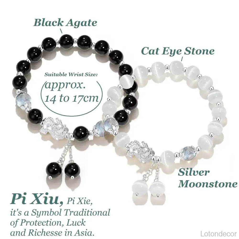 Crystal Pi Xiu Bracelet Chubby Silver Pi Yao Moonstone Obsidian/Cat Eye Feng Shui Wealth Amulet - Loton Decor