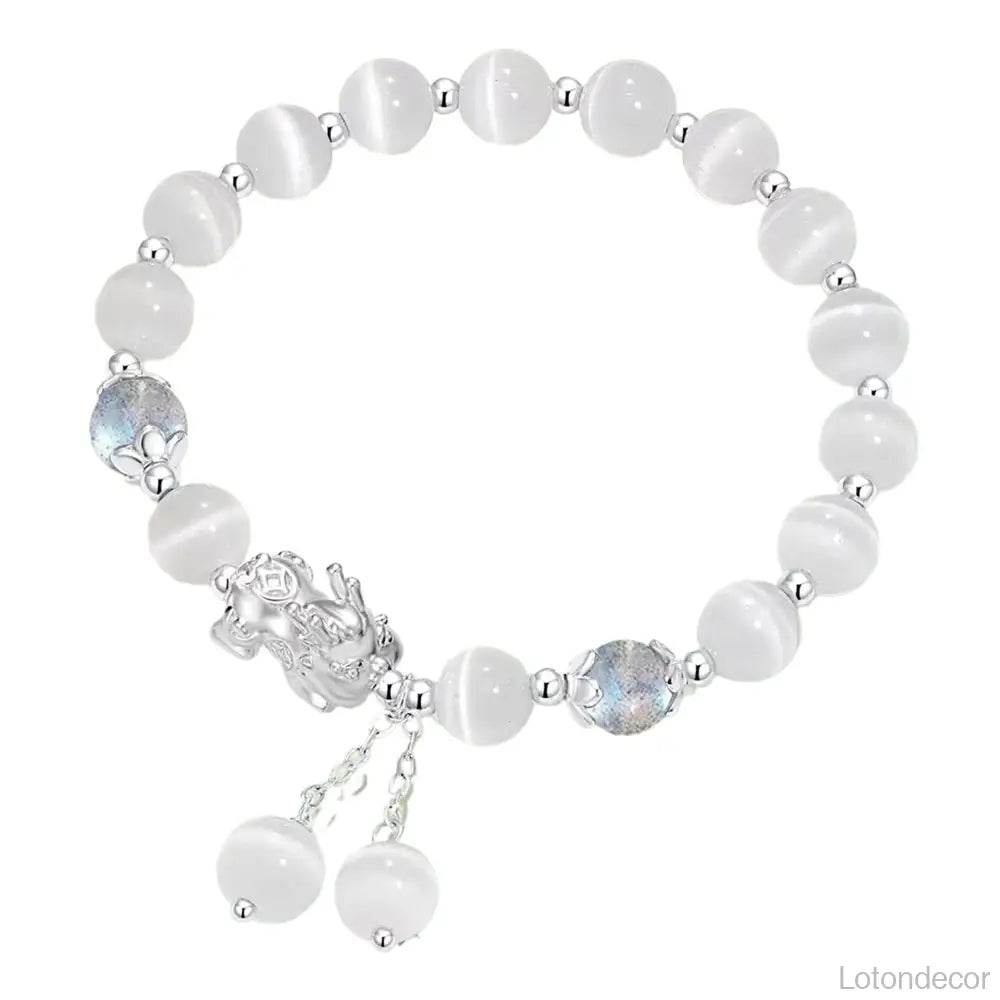 Crystal Pi Xiu Bracelet Chubby Silver Pi Yao Moonstone Obsidian/Cat Eye Feng Shui Wealth Amulet - Loton Decor
