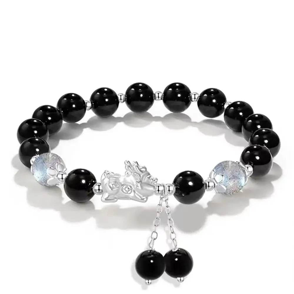 Crystal Pi Xiu Bracelet Chubby Silver Pi Yao Moonstone Obsidian/Cat Eye Feng Shui Wealth Amulet - Loton Decor