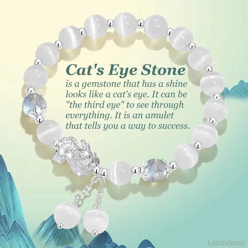 Crystal Pi Xiu Bracelet Chubby Silver Pi Yao Moonstone Obsidian/Cat Eye Feng Shui Wealth Amulet - Loton Decor