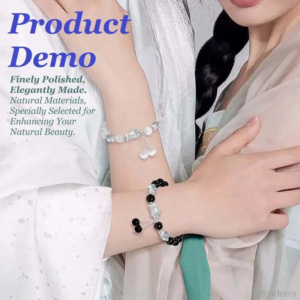 Crystal Pi Xiu Bracelet Chubby Silver Pi Yao Moonstone Obsidian/Cat Eye Feng Shui Wealth Amulet - Loton Decor