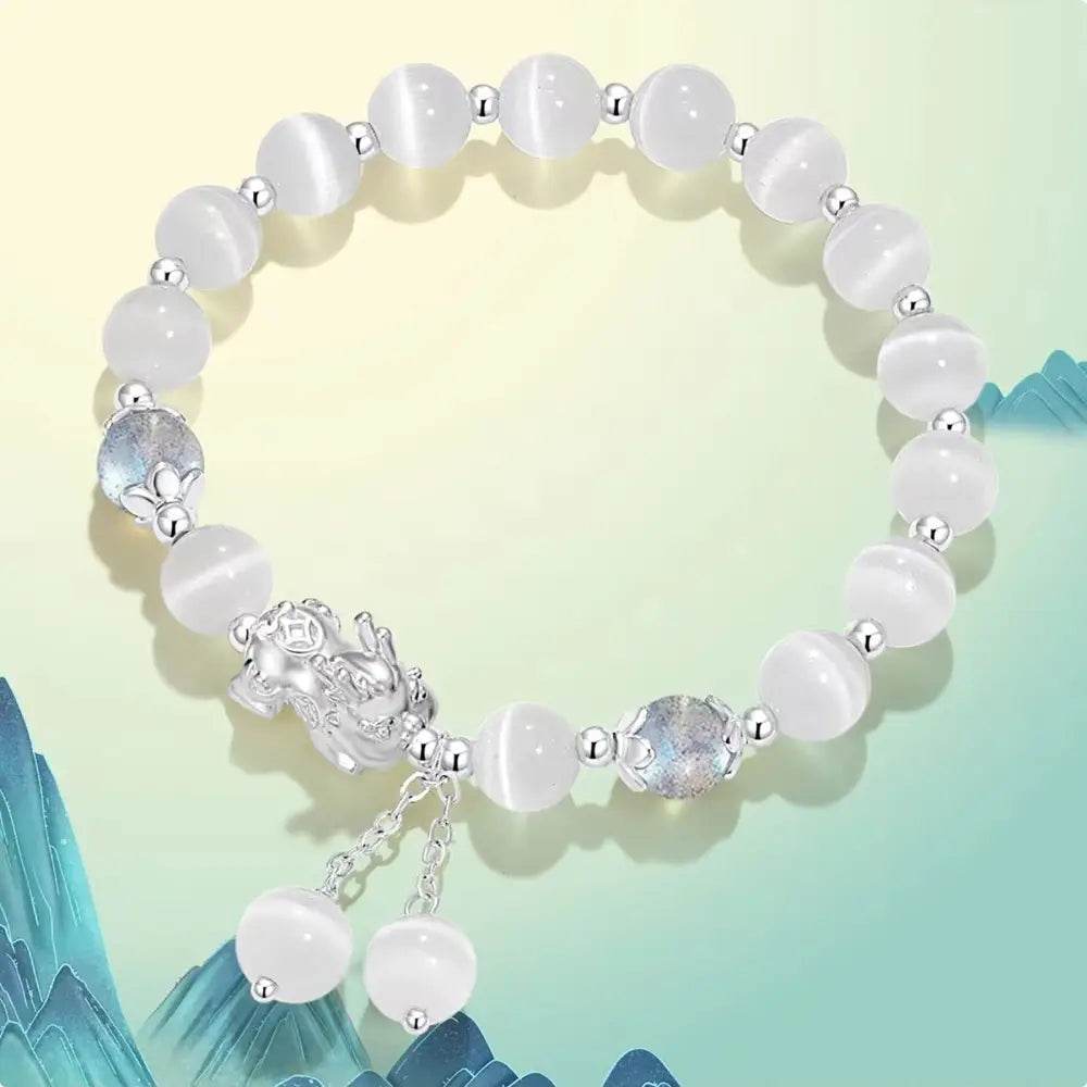 Crystal Pi Xiu Bracelet Chubby Silver Pi Yao Moonstone Obsidian/Cat Eye Feng Shui Wealth Amulet - Loton Decor
