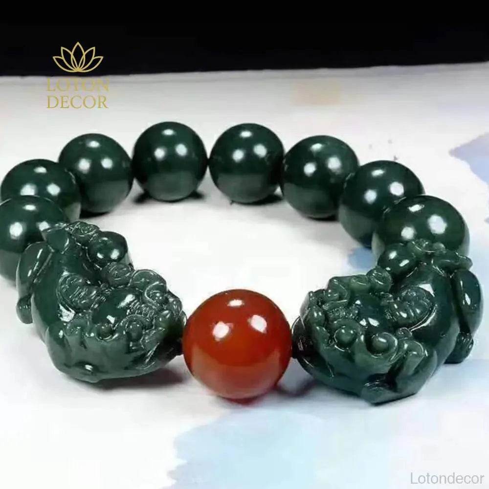 Cyan Jade Pixiu Bracelet – Red Agate Wealth Amulet Unisex - Loton Decor