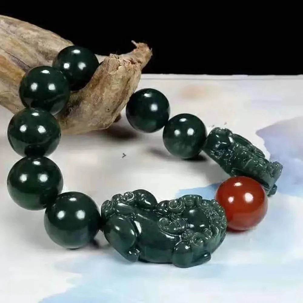Cyan Jade Pixiu Bracelet – Red Agate Wealth Amulet Unisex - Loton Decor
