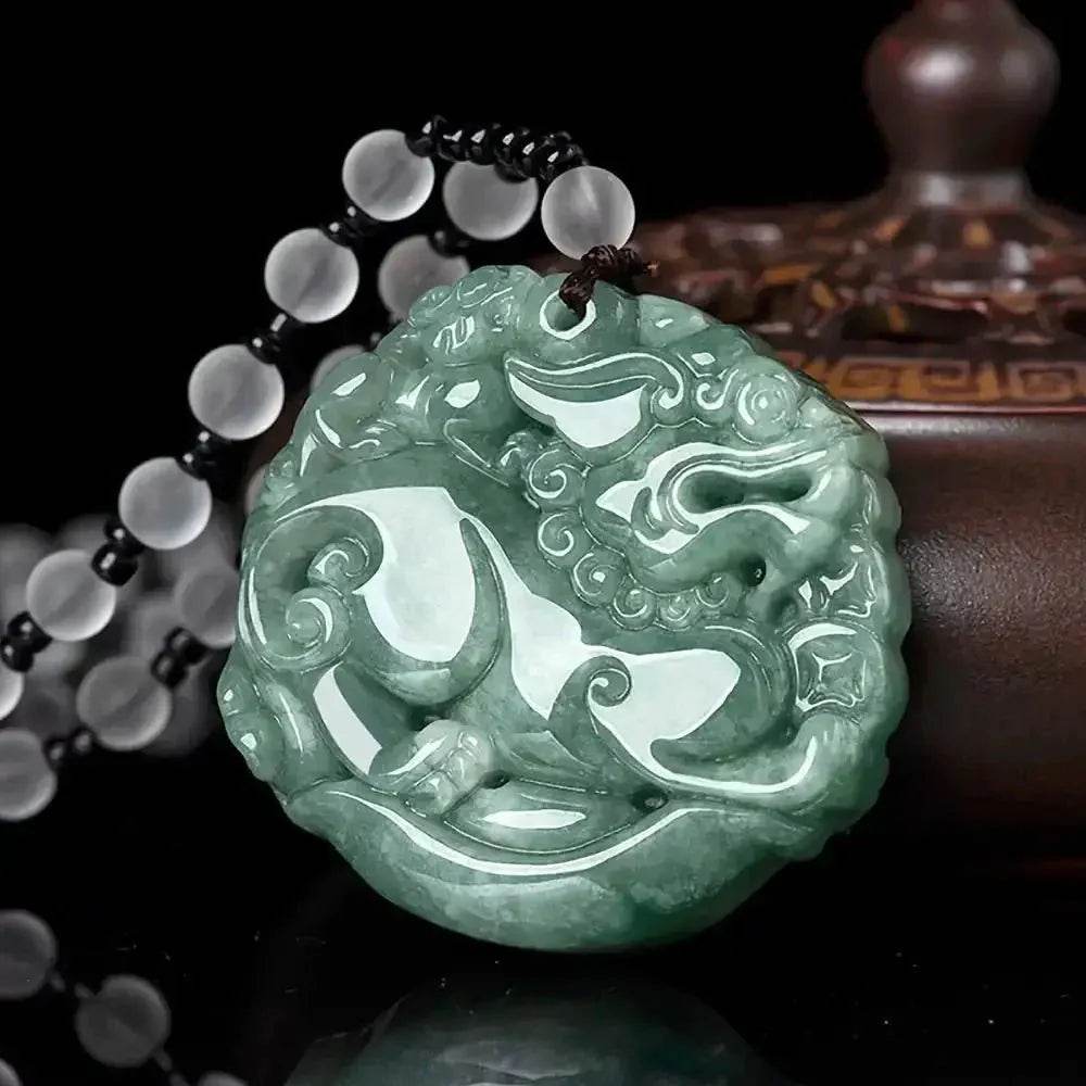 Dad and Son Pi Xiu Necklace Green Fei Cui Jade Pi Yao Necklace Crystal Feng Shui Wealth Amulet - Loton Decor