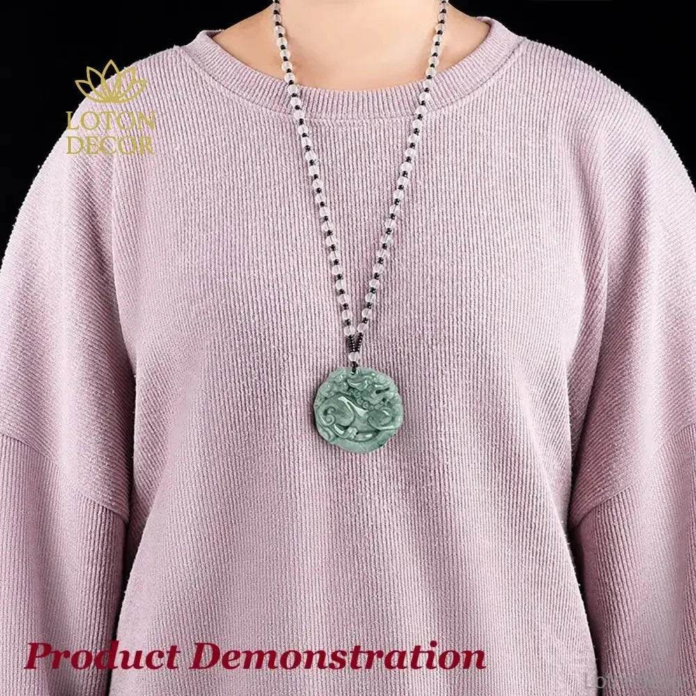 Dad and Son Pi Xiu Necklace Green Fei Cui Jade Pi Yao Necklace Crystal Feng Shui Wealth Amulet - Loton Decor