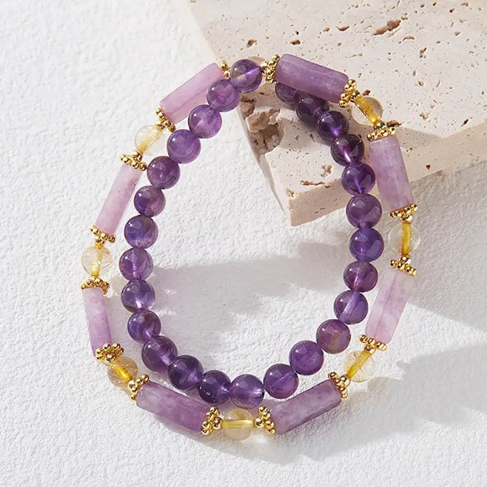 Double Layer Amethyst Bracelet Cubic Beads Citrine Nine Purple Fire Luck Chakra Balance Gem - Loton Decor