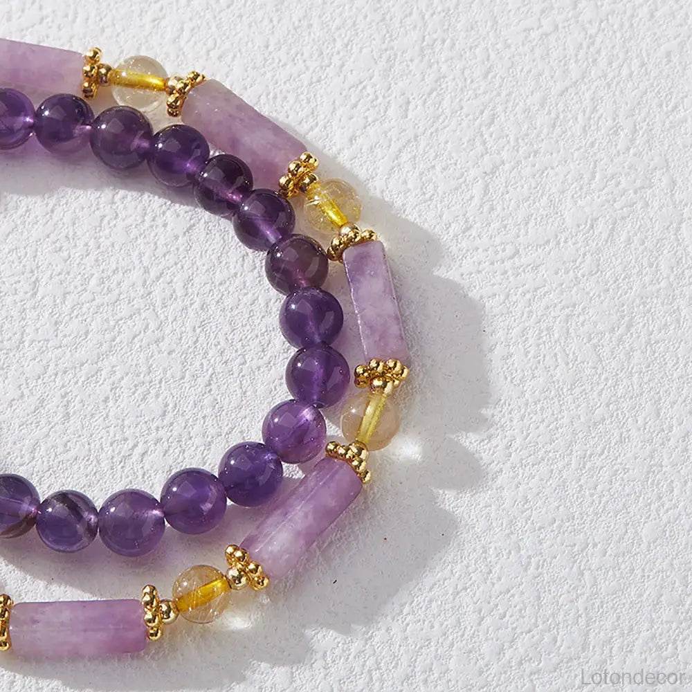 Double Layer Amethyst Bracelet Cubic Beads Citrine Nine Purple Fire Luck Chakra Balance Gem - Loton Decor