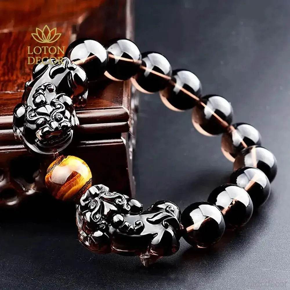 Double Pi Yao Bracelet – Tiger Eye Feng Shui Obsidian Beads - Loton Decor
