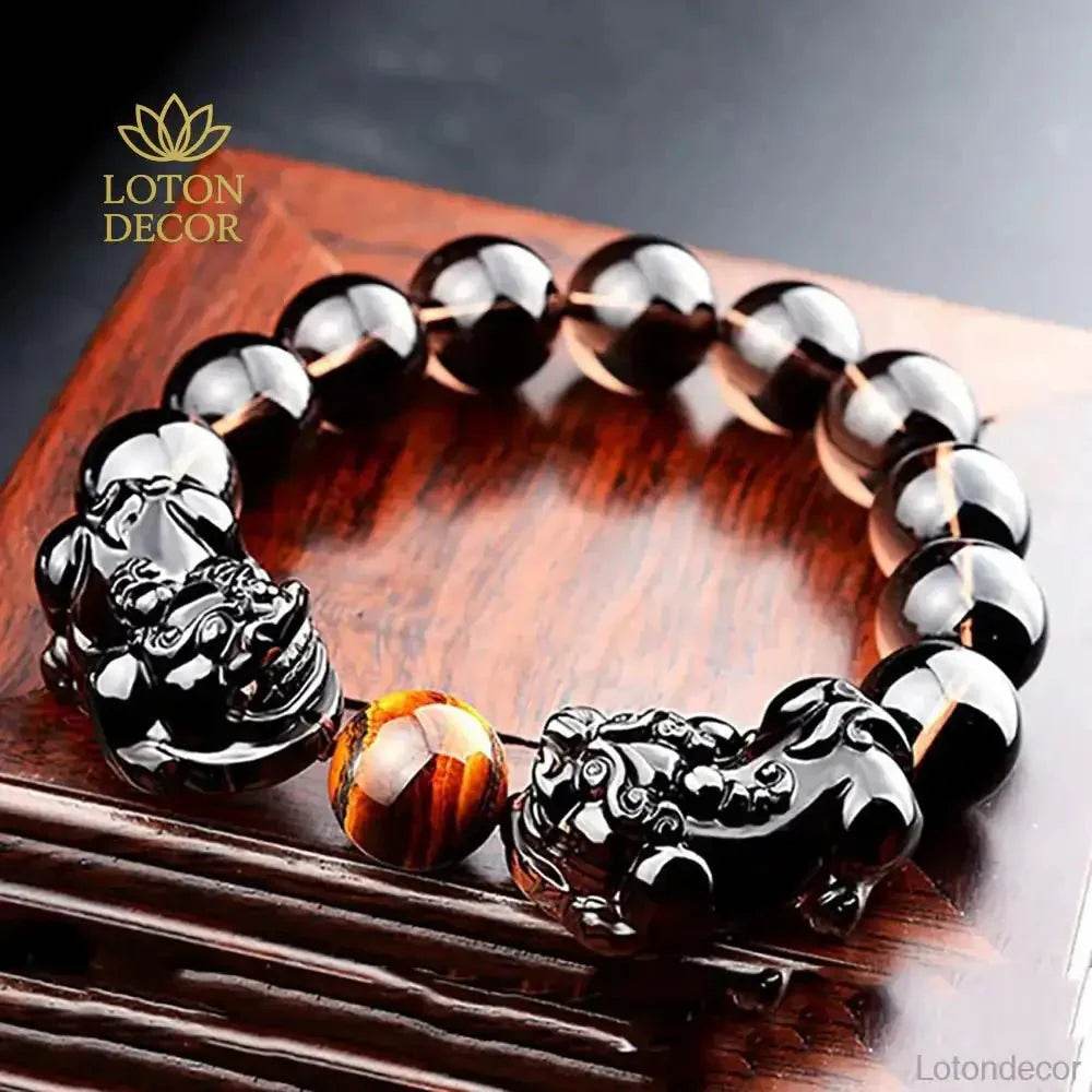 Double Pi Yao Bracelet – Tiger Eye Feng Shui Obsidian Beads - Loton Decor