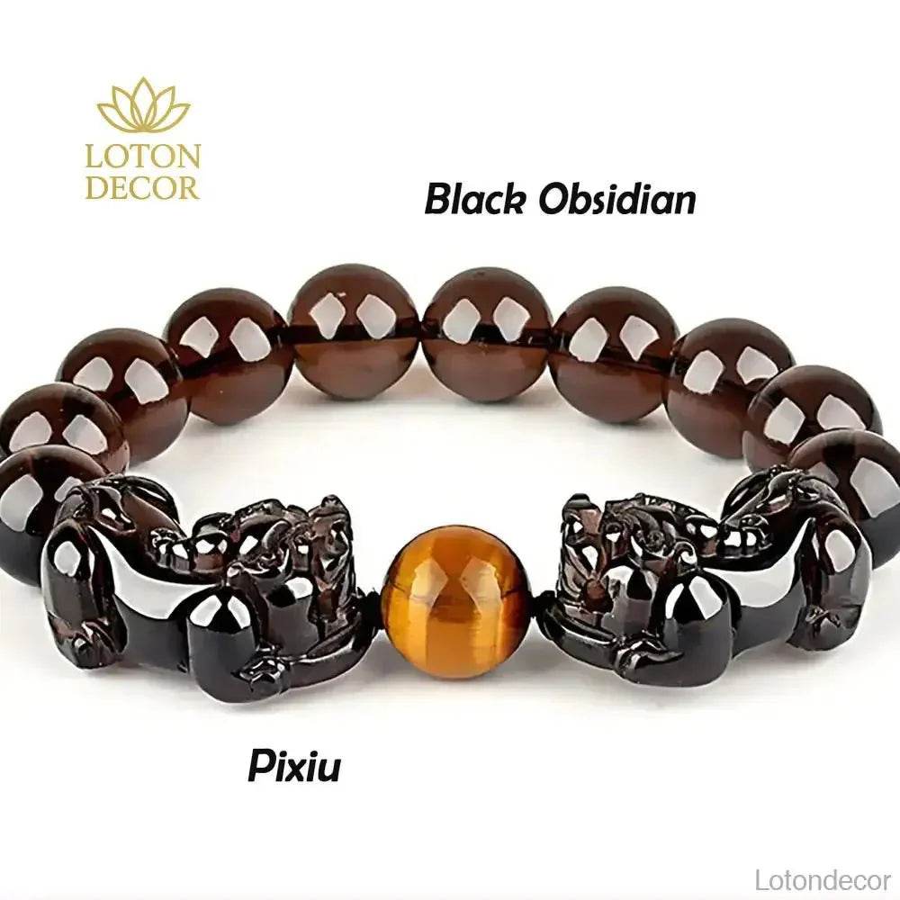 Double Pi Yao Bracelet – Tiger Eye Feng Shui Obsidian Beads - Loton Decor