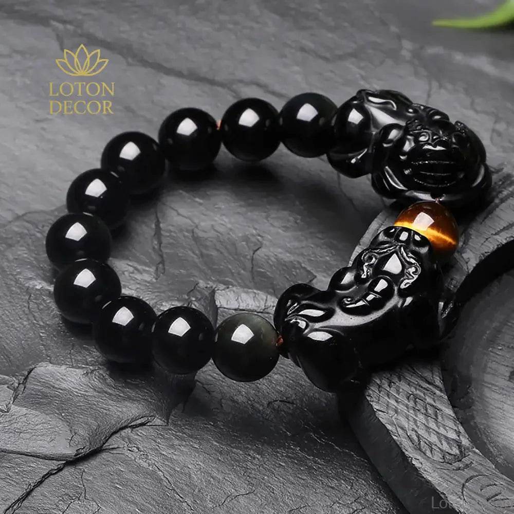 Double Pi Yao Feng Shui Bracelet – Tiger Eye & Obsidian - Loton Decor