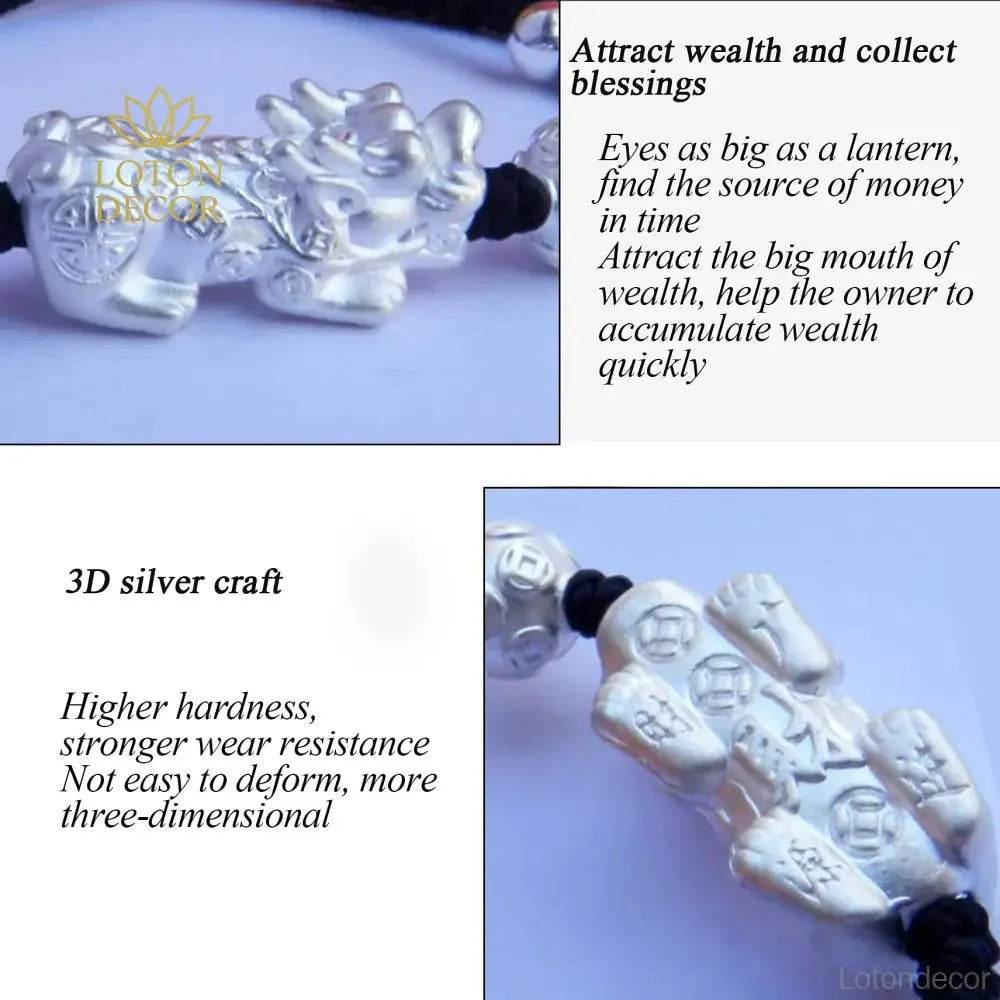 Double Pixiu Silver Bracelet – Wealth Amulet 17cm - Loton Decor