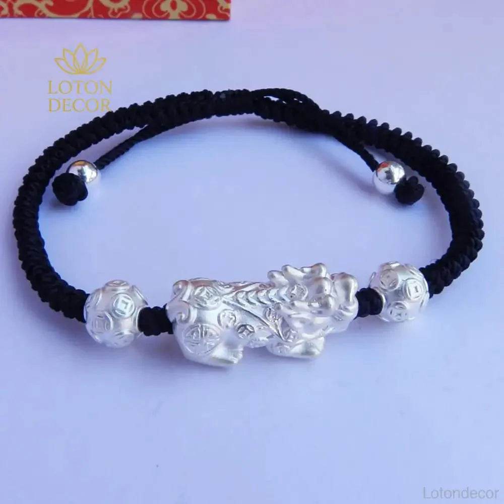 Double Pixiu Silver Bracelet – Wealth Amulet 17cm - Loton Decor