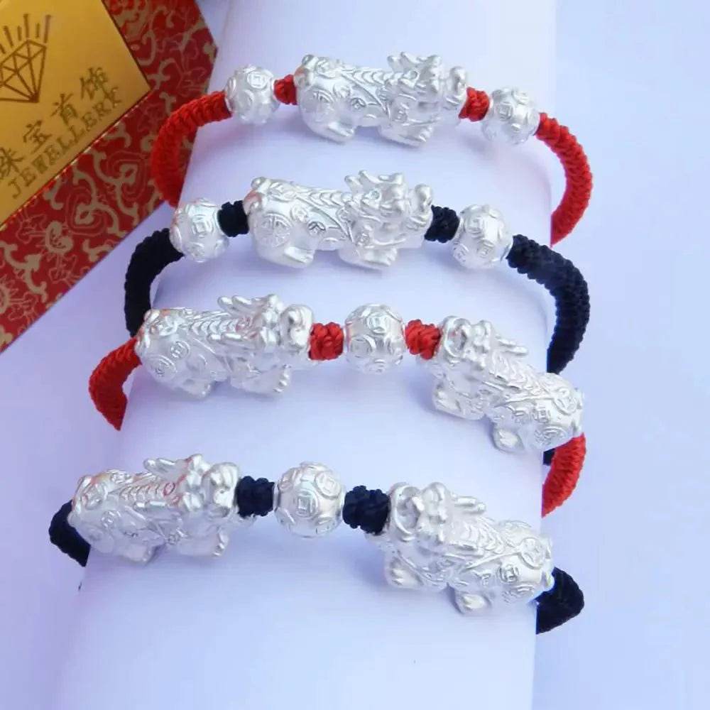 Double Pixiu Silver Bracelet – Wealth Amulet 17cm - Loton Decor