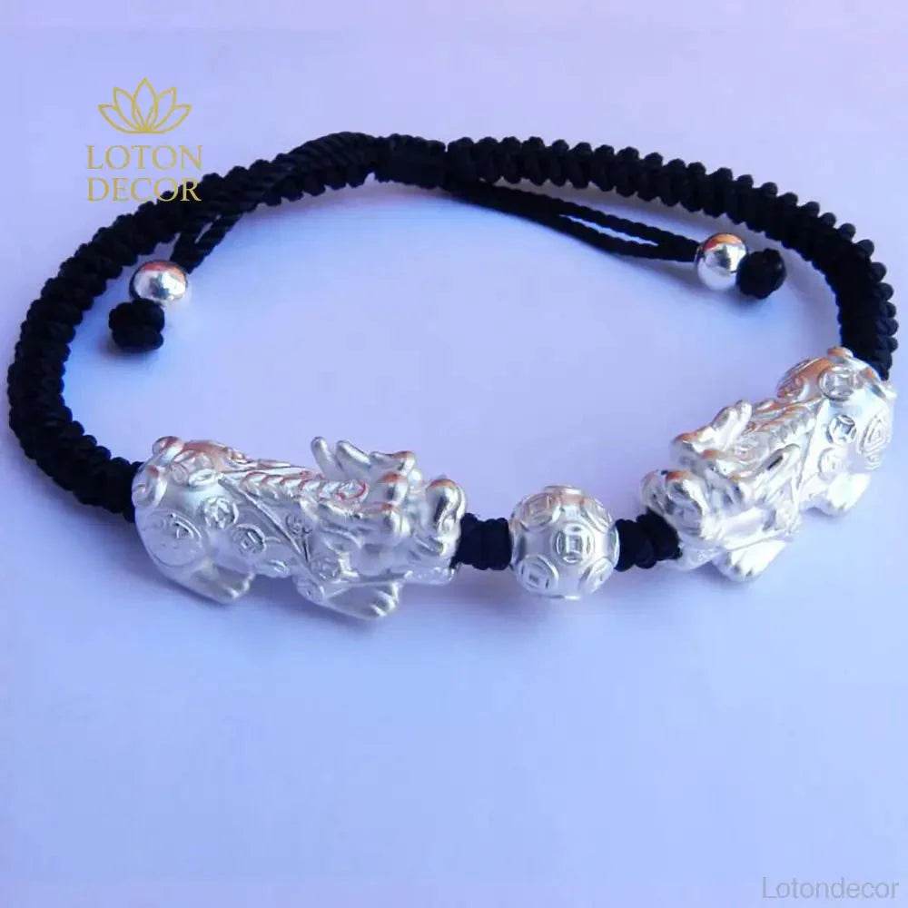 Double Pixiu Silver Bracelet – Wealth Amulet 17cm - Loton Decor