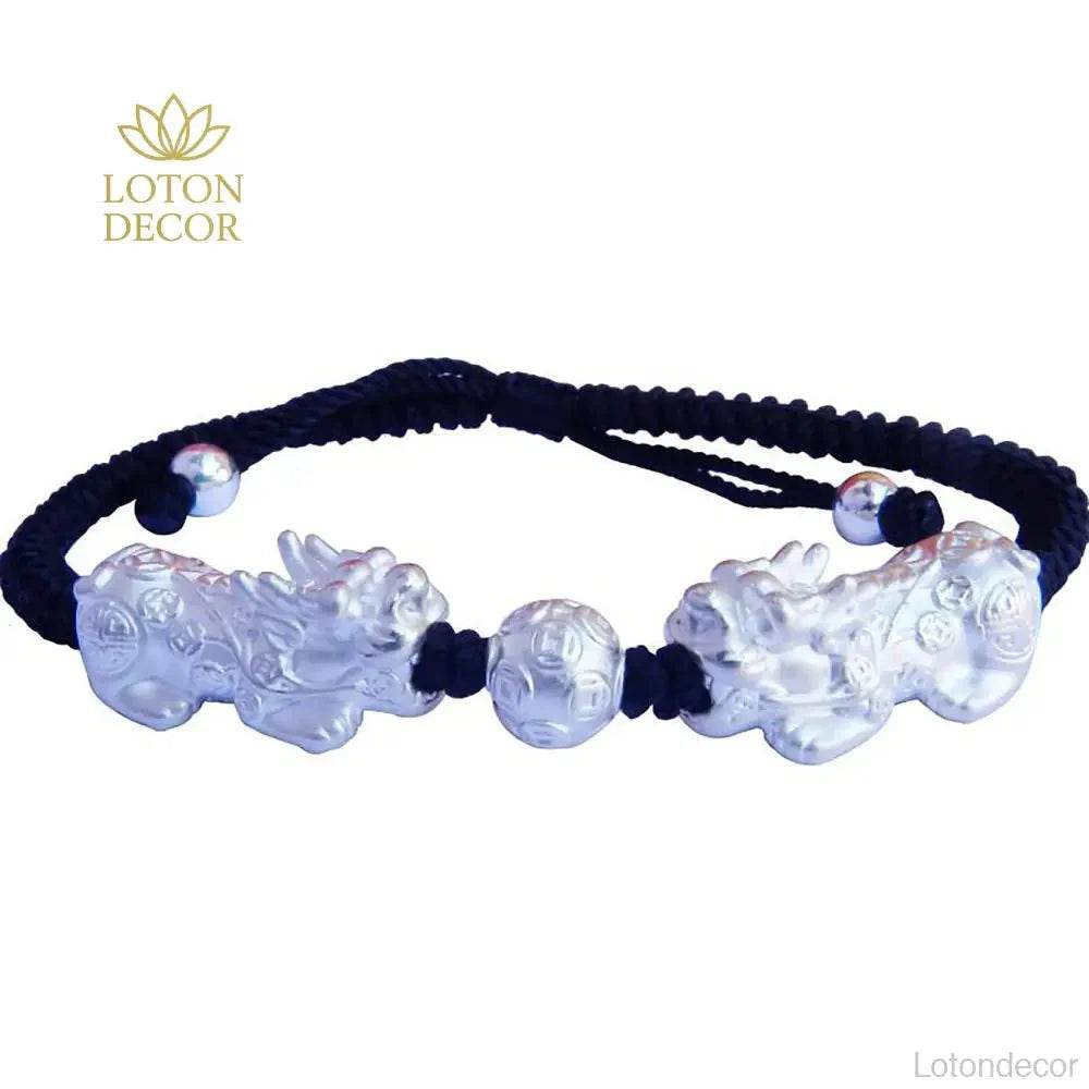 Double Pixiu Silver Bracelet – Wealth Amulet 17cm - Loton Decor