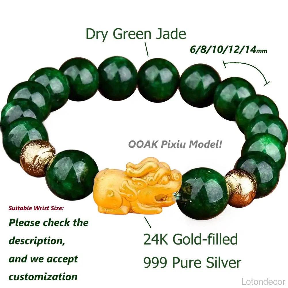Dry Green Jade Pi Xiu Bracelet 18K Gold-filled Pure Silver Pi Yao Crystal Feng Shui Wealth Bracelet - Loton Decor