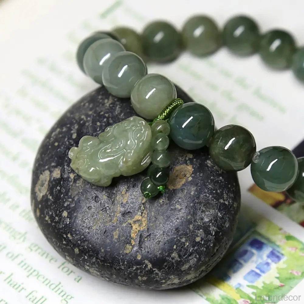 Dry Green Jade Pi Xiu Bracelet Feng Shui Wealth Crystal Bracelet Pi Yao Pendant 9A Chakra Balance Gem for Money Windfall - Loton Decor