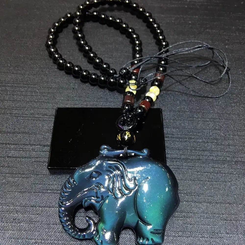 Elephant Pendant Necklace – Obsidian Feng Shui Protection - Loton Decor