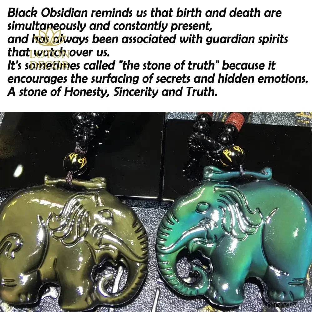 Elephant Pendant Necklace – Obsidian Feng Shui Protection - Loton Decor